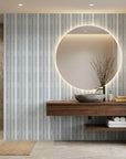 Chambray Ticking soft blue striped wallpaper as a feature wall in a bright home office