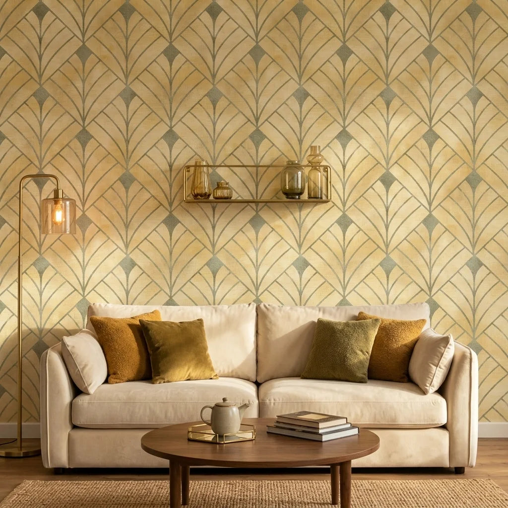 Champagne Crest elegant gold art deco leaf wallpaper creating ambiance in a serene bathroom