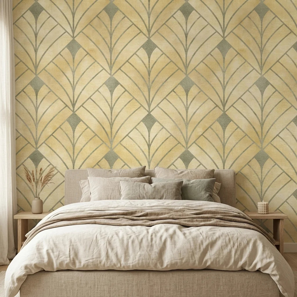 Champagne Crest elegant gold art deco leaf wallpaper in a warm and inviting living room