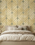 Champagne Crest elegant gold art deco leaf wallpaper in a warm and inviting living room