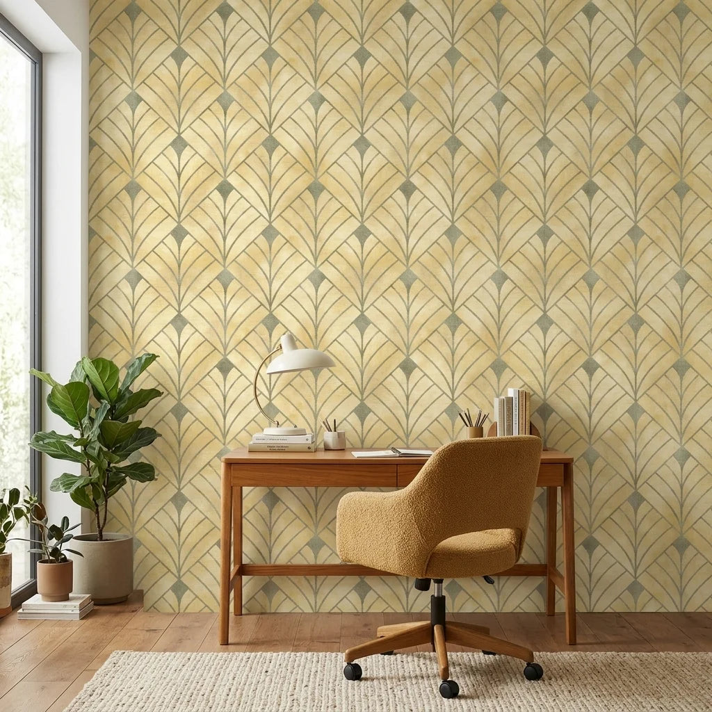 Champagne Crest elegant gold art deco leaf wallpaper adding character to a cozy bedroom