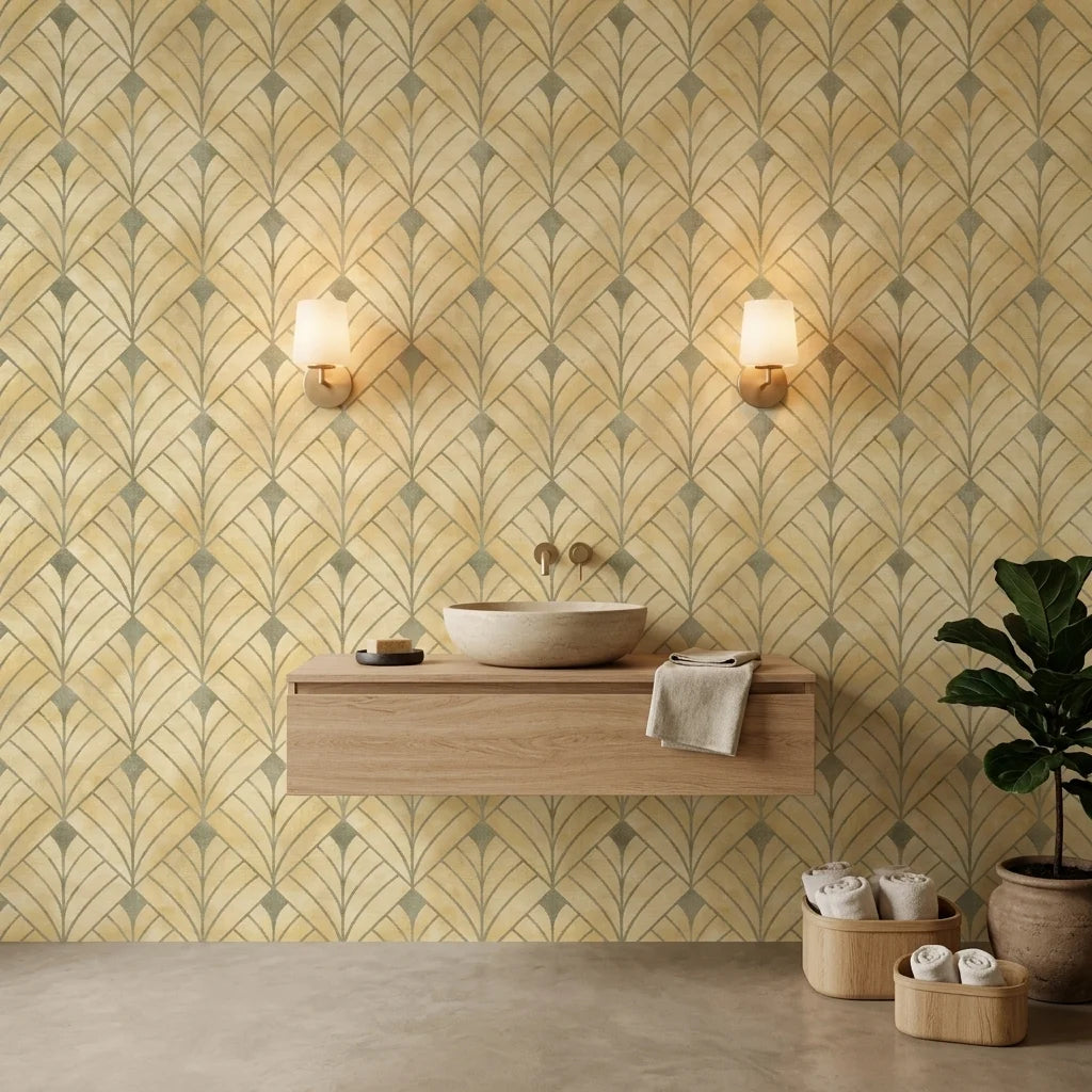 Champagne Crest elegant gold art deco leaf wallpaper as a feature wall in a bright home office