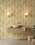Champagne Crest elegant gold art deco leaf wallpaper as a feature wall in a bright home office