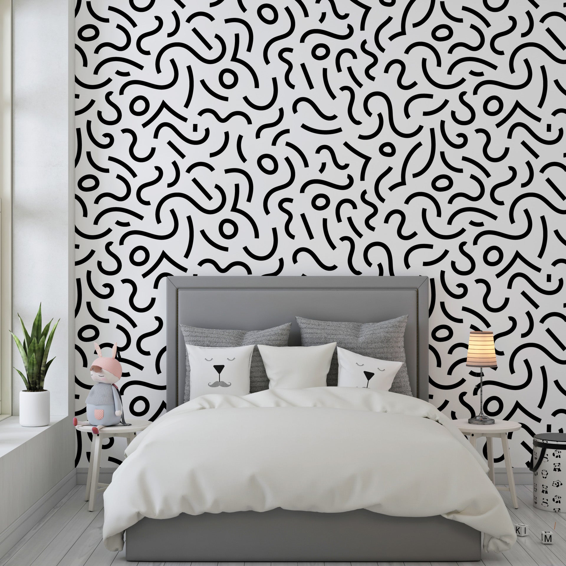 Monochrome geometric Memphis pattern self-adhesive wall covering featuring bold abstract shapes in black and white - Chaotic Curves
