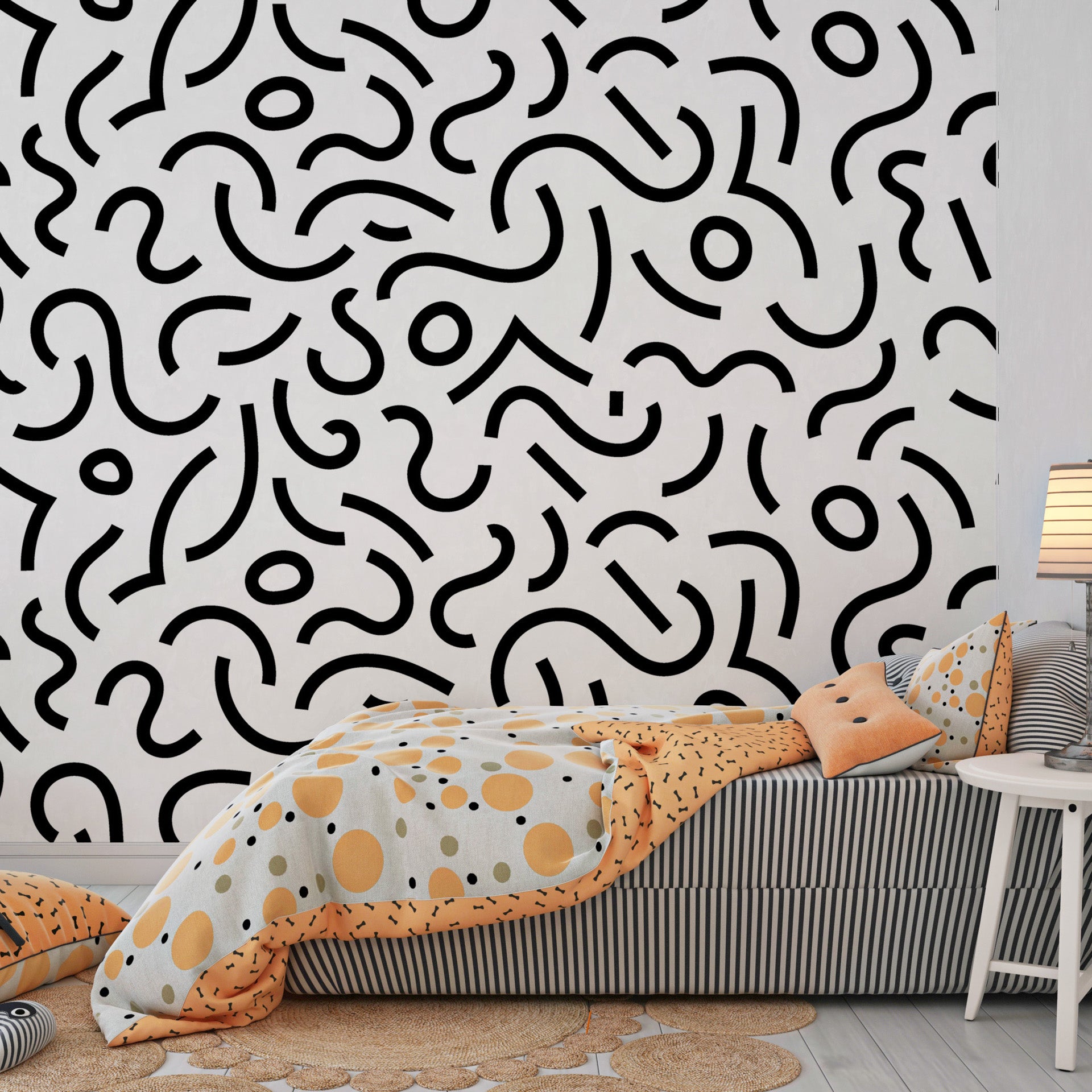 Removable peel and stick wallpaper with a classic black and white abstract Memphis design of lines and dots - Chaotic Curves