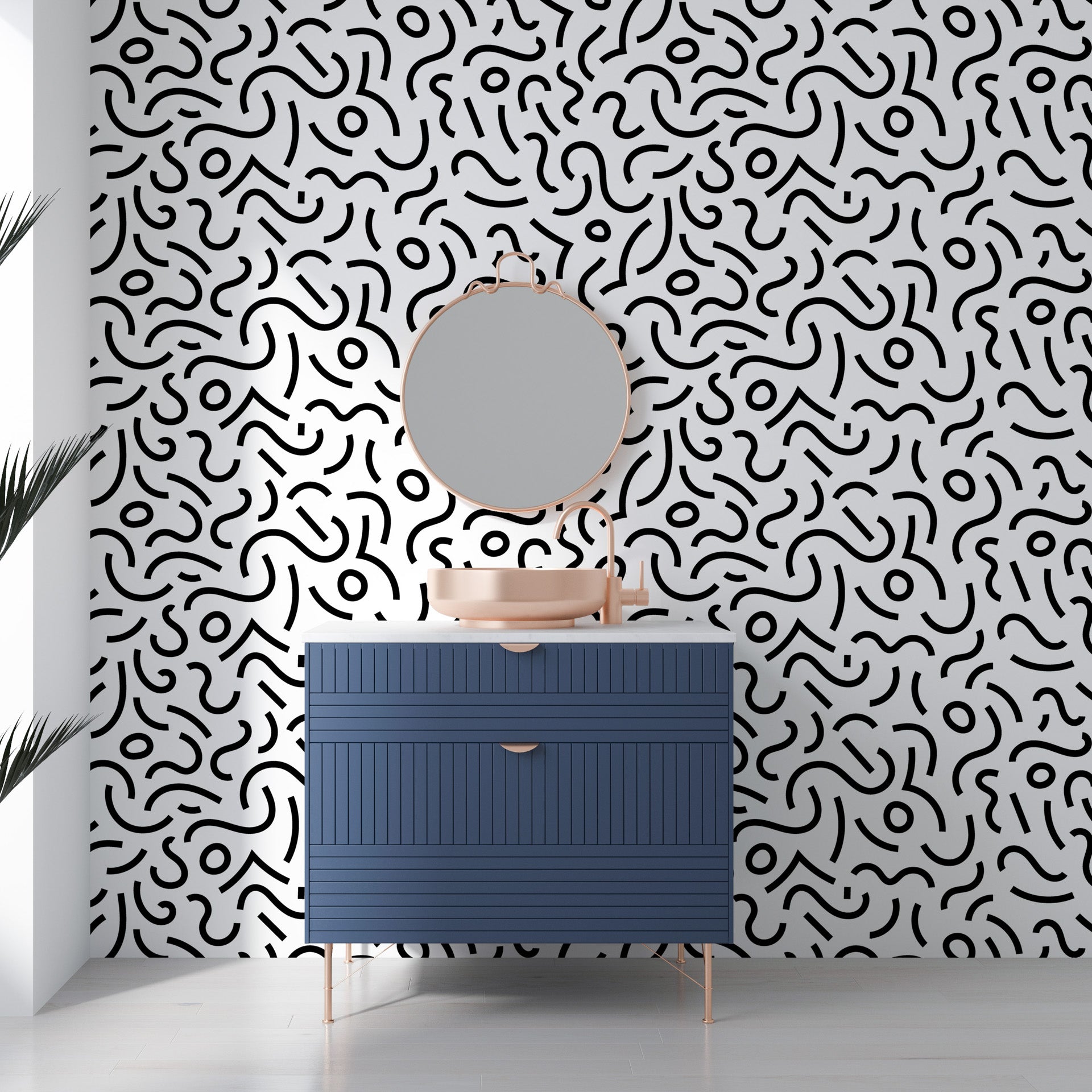 Modern minimalist black and white abstract geometric wallpaper using retro Memphis design elements - Chaotic Curves
