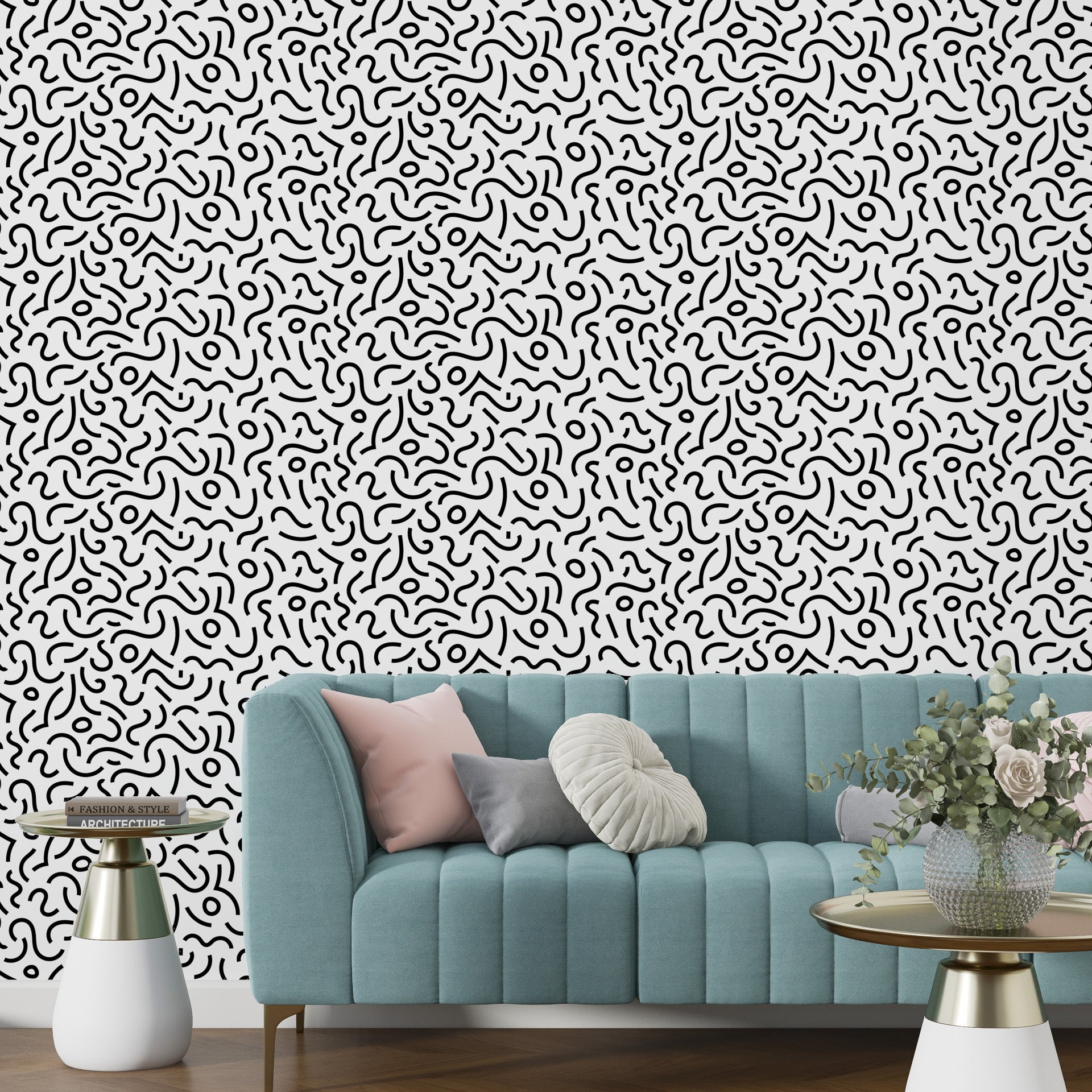Abstract monochrome wall mural with Memphis-inspired shapes and high-contrast black and white graphics - Chaotic Curves