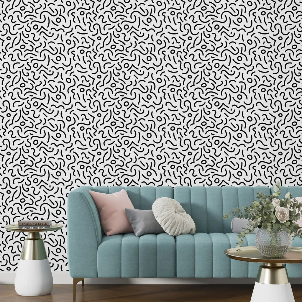 Abstract monochrome wall mural with Memphis-inspired shapes and high-contrast black and white graphics - Chaotic Curves
