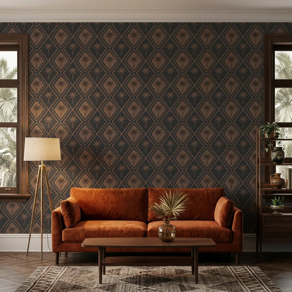Charcoal Palm dramatic tropical in a warm and inviting living room