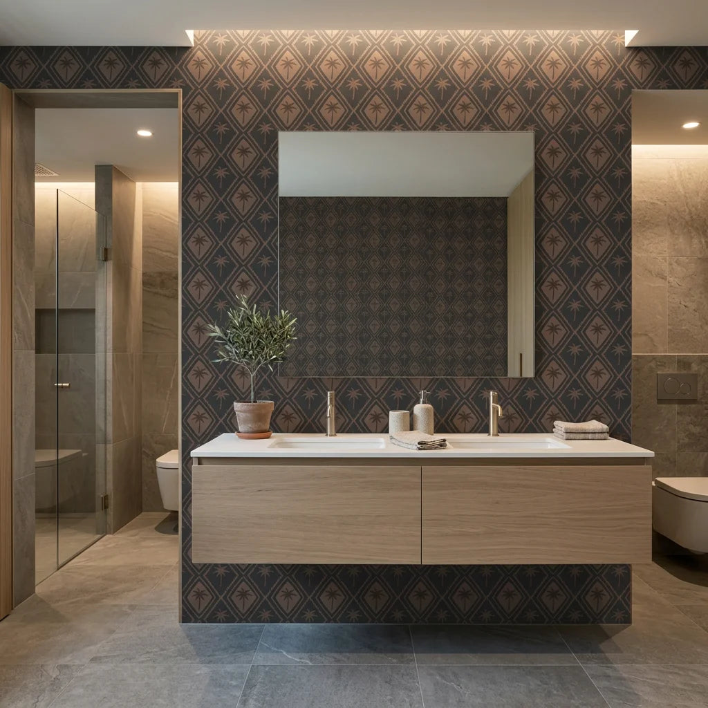 Charcoal Palm dramatic tropical creating ambiance in a serene bathroom