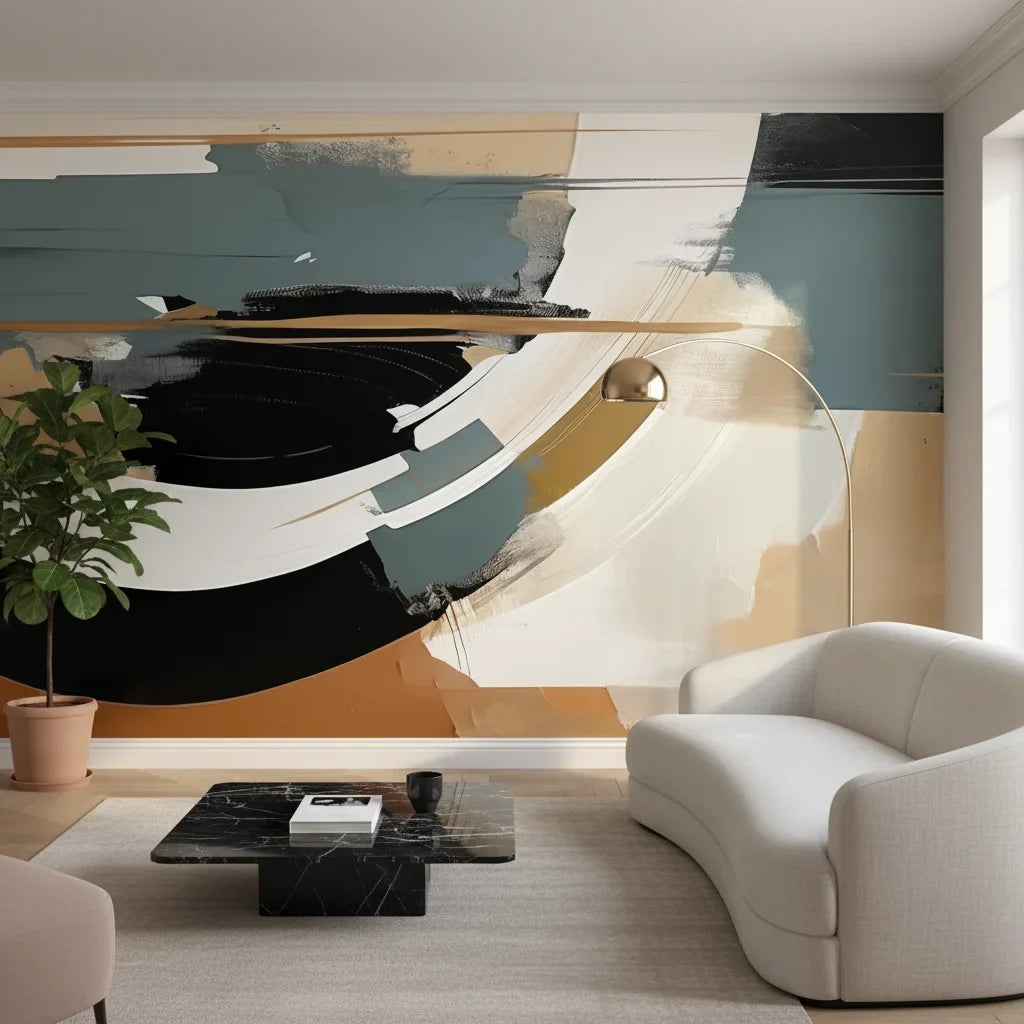 Charred Horizon bold black tan abstract in a warm and inviting living room