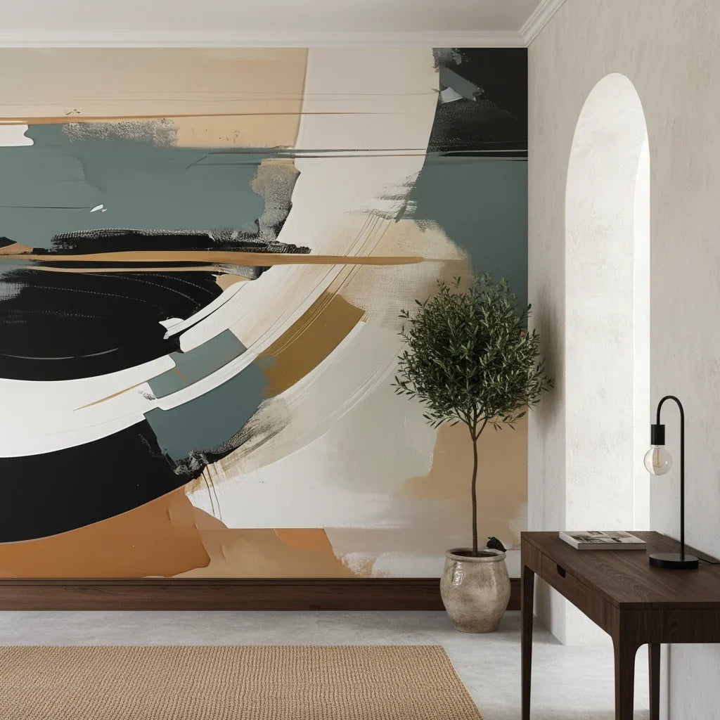 Charred Horizon bold black tan abstract adding character to a cozy bedroom