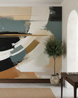 Charred Horizon bold black tan abstract adding character to a cozy bedroom