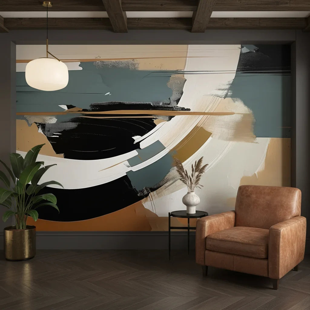 Charred Horizon bold black tan abstract as a feature wall in a bright home office