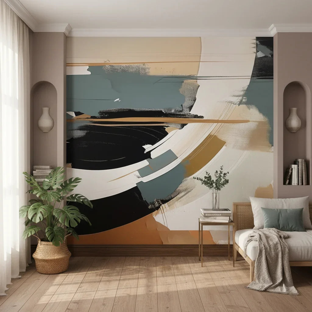 Charred Horizon bold black tan abstract creating ambiance in a serene bathroom