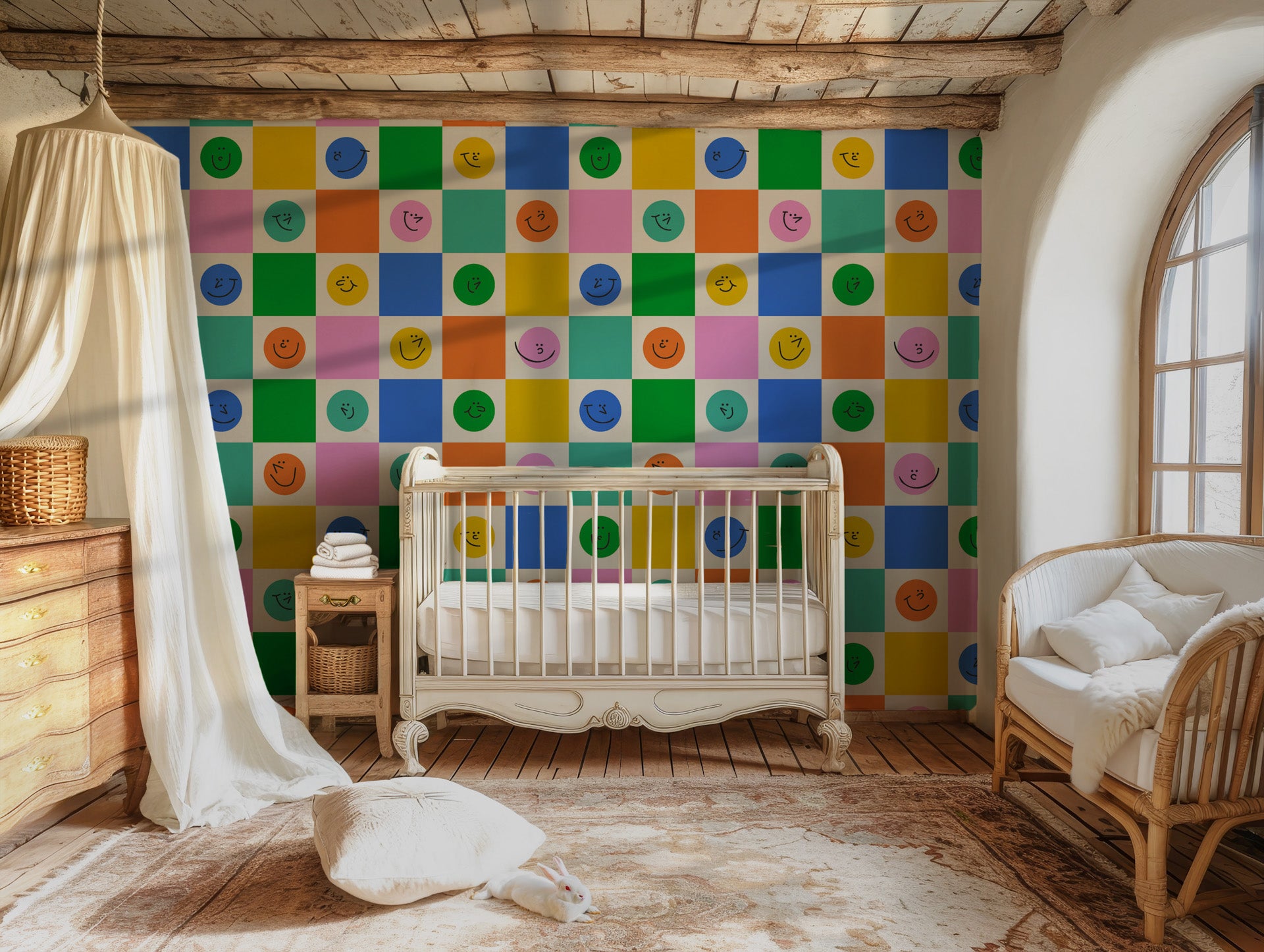 Brightly colored checkered wall paper