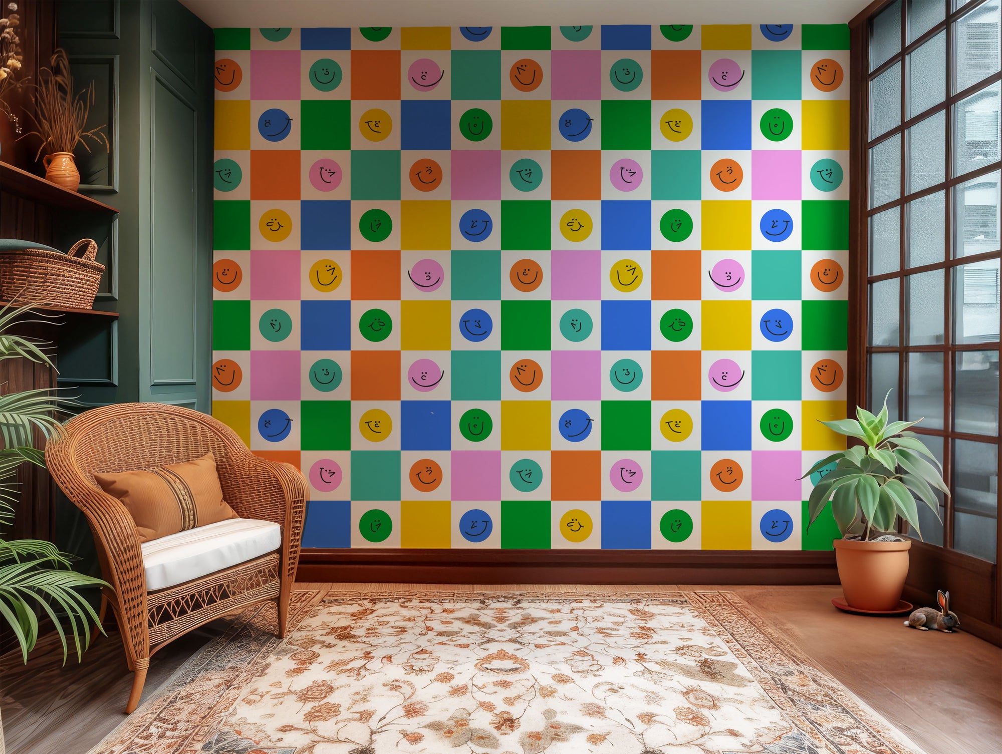 Brightly colored checkerboard wall covering