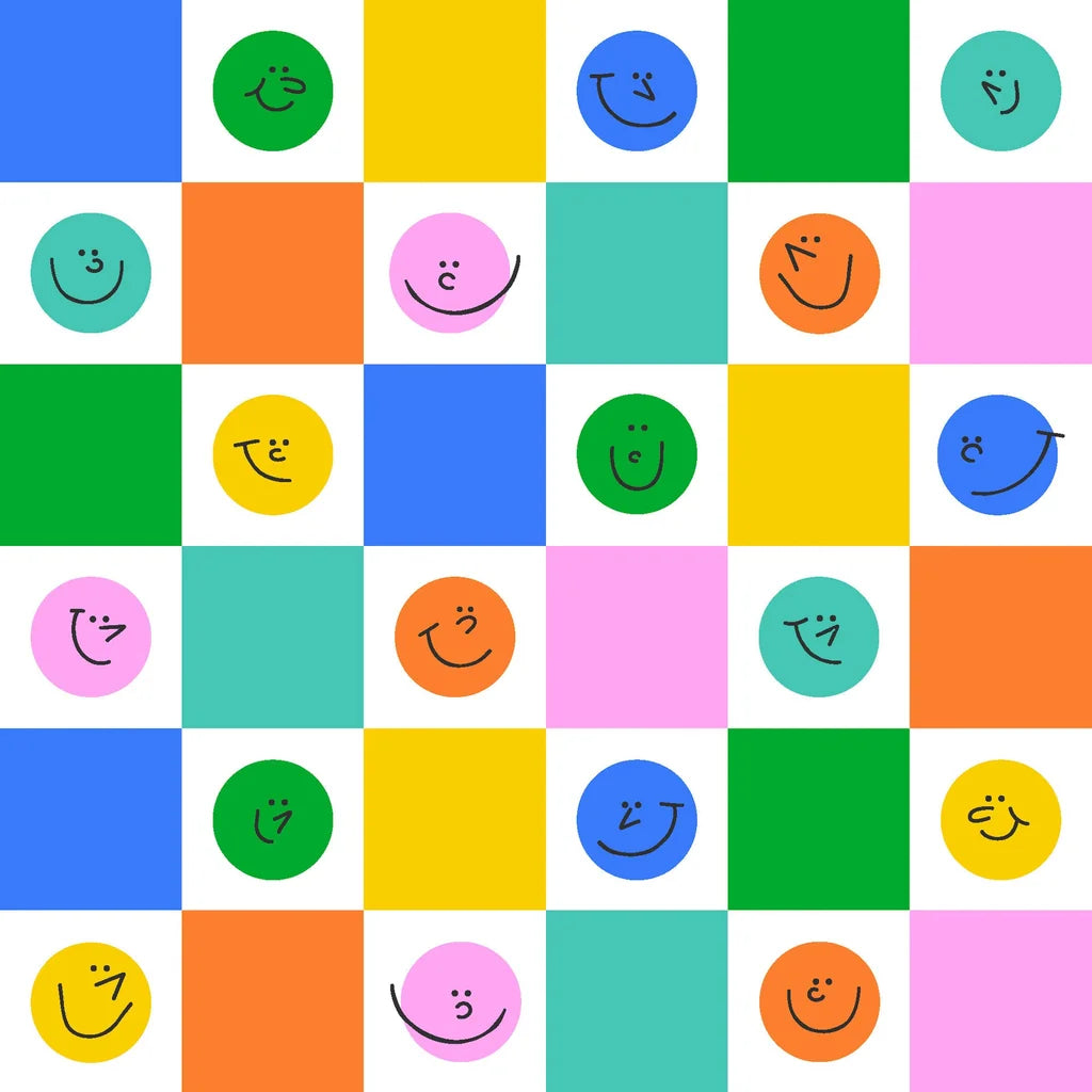 Matte colorful grid with happy smiley faces peel stick wallpaper -Cheery Checks