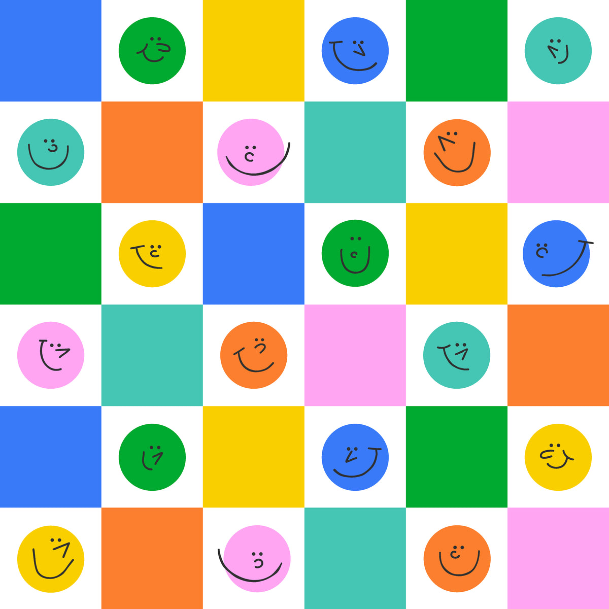 Matte colorful grid with happy smiley faces peel stick wallpaper -Cheery Checks