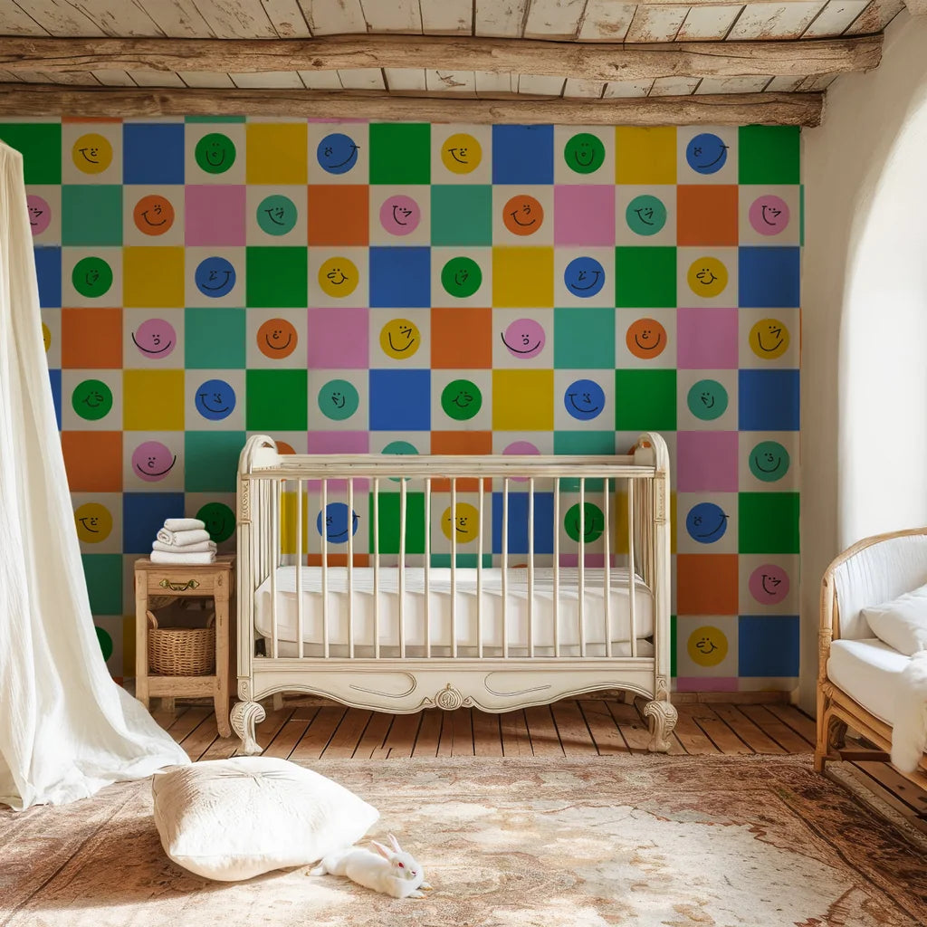 Matte finish colorful grid design displaying happy smiling faces on a peel-and-stick wall decal. - Cheery Checks