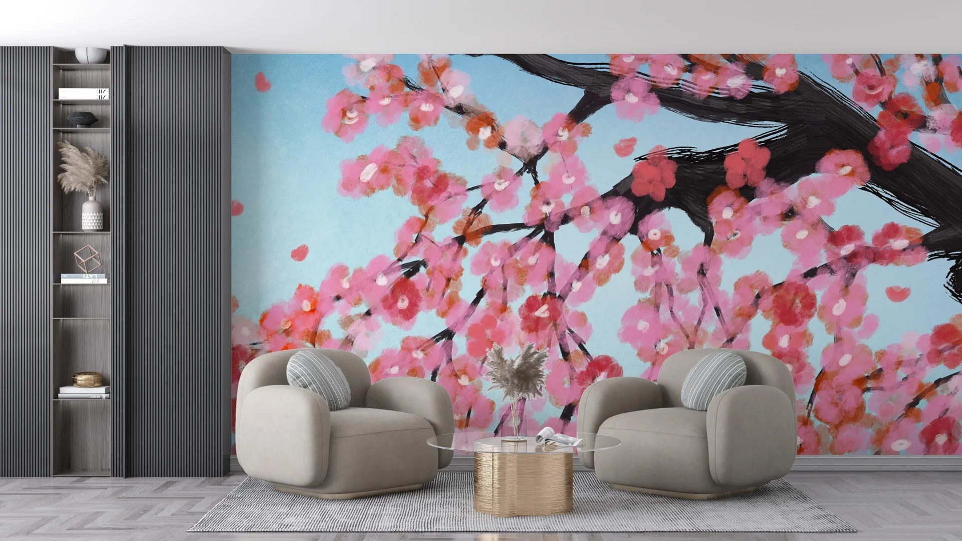 Pink cherry blossom branches on blue sky removable wallpaper in modern living room