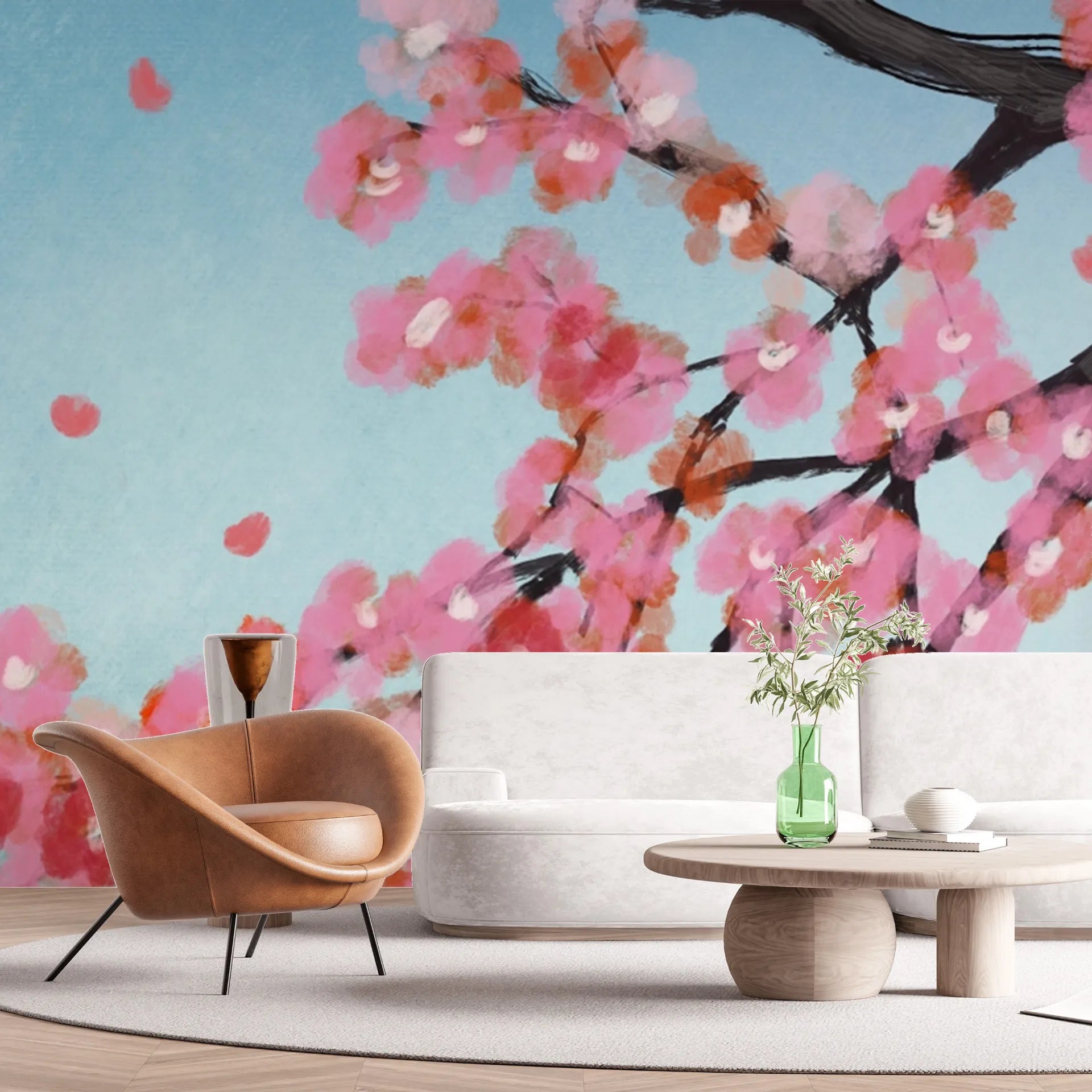 Pink cherry blossoms on sky blue removable wallpaper in contemporary living room setting