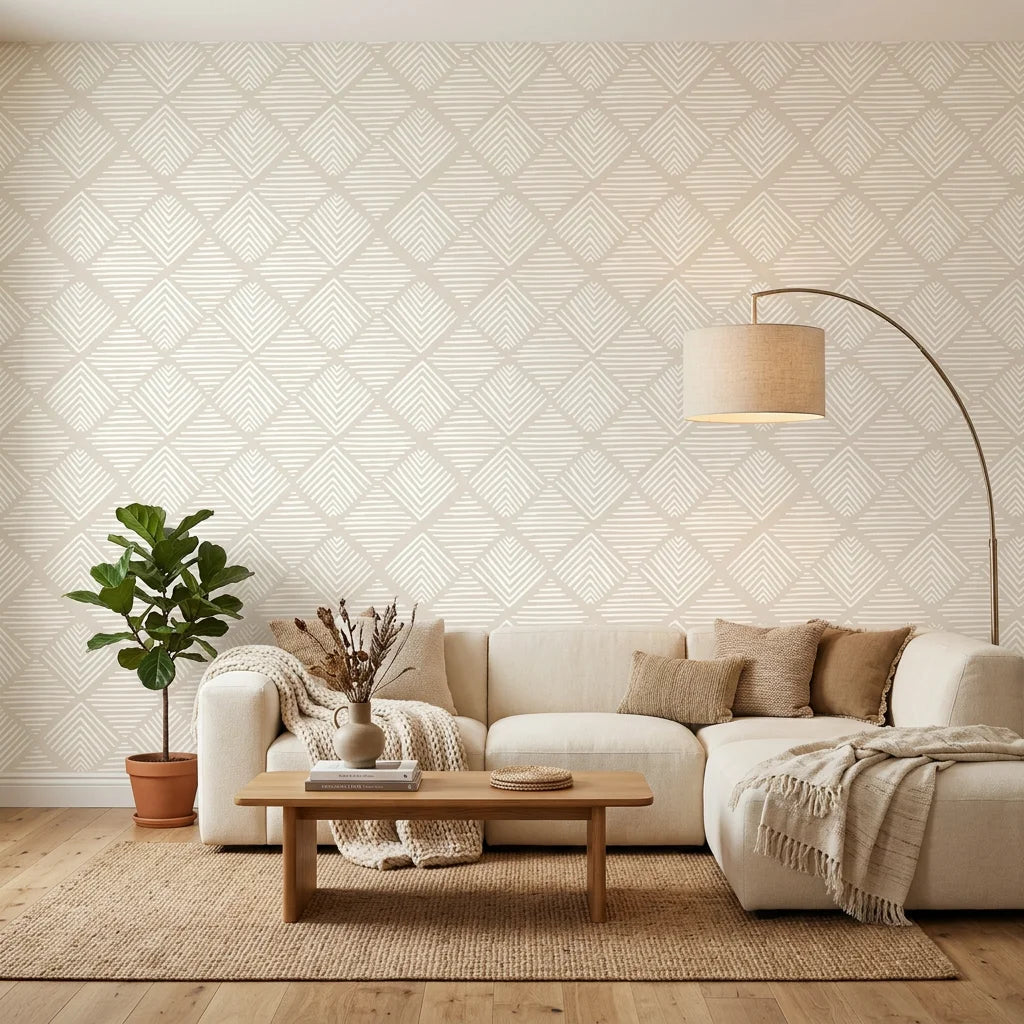 Chevron Etch hand drawn zigzag wallpaper in a warm and inviting living room