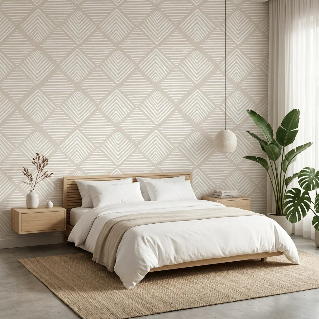 Chevron Etch hand drawn zigzag wallpaper adding character to a cozy bedroom