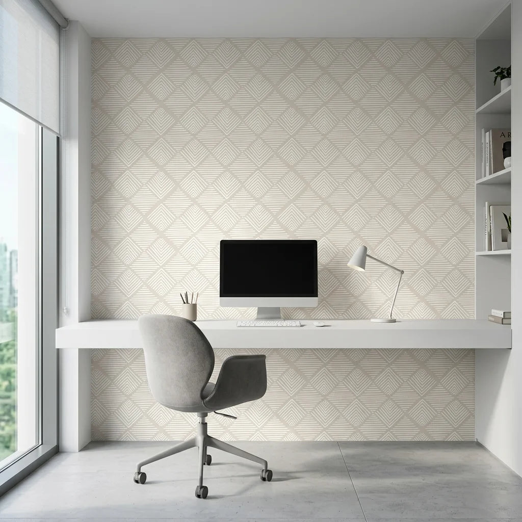 Chevron Etch hand drawn zigzag wallpaper as a feature wall in a bright home office