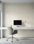 Chevron Etch hand drawn zigzag wallpaper as a feature wall in a bright home office