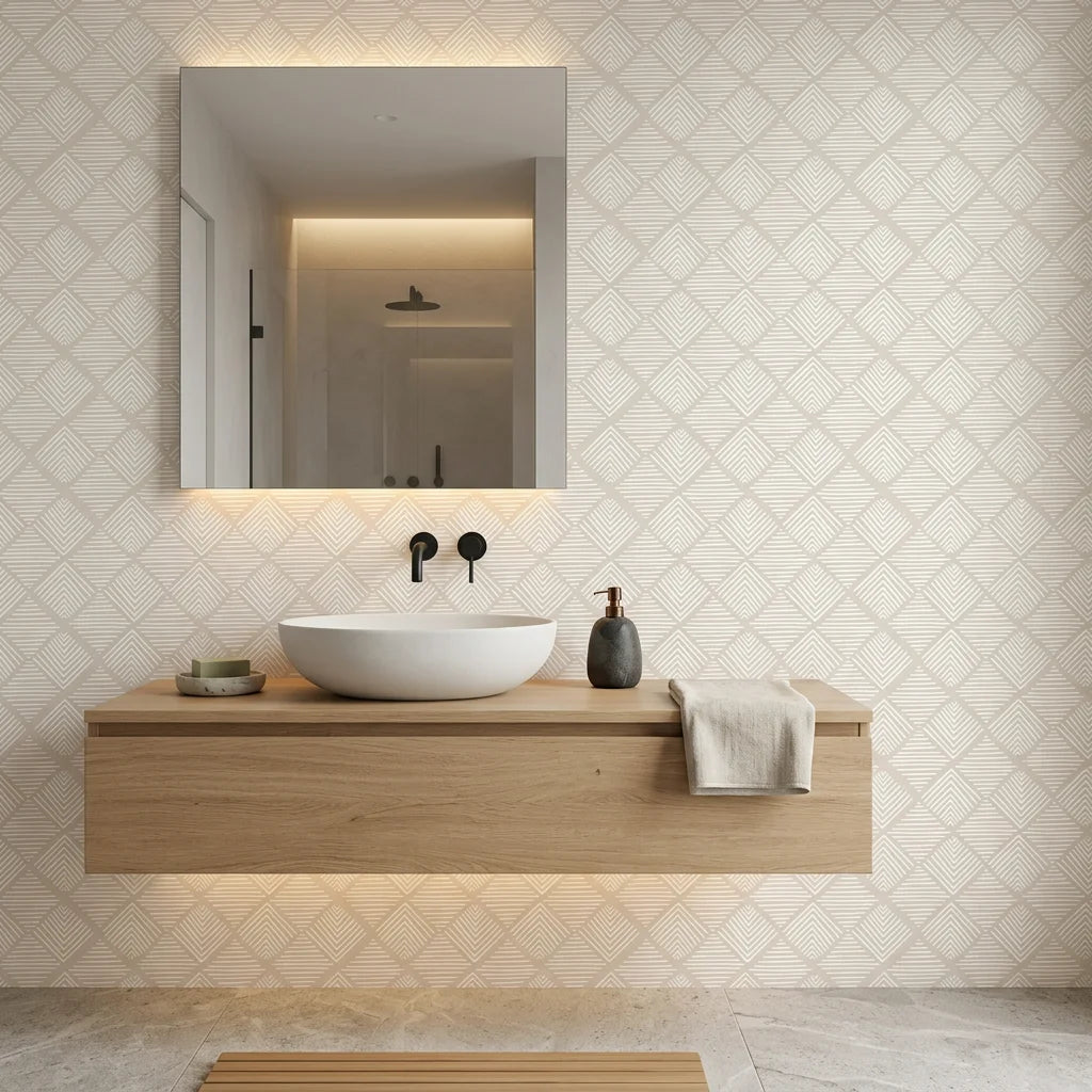 Chevron Etch hand drawn zigzag wallpaper creating ambiance in a serene bathroom