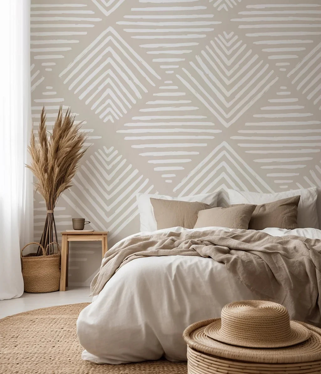 Textured wall featuring a geometric, manually sketched chevron design creating a visual rhythm.