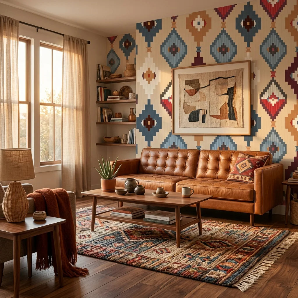 Chieftain Weave tribal texture wallpaper in a warm and inviting living room