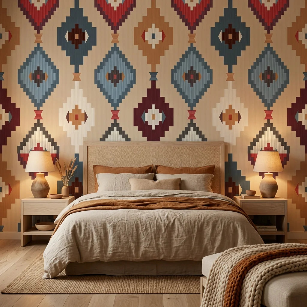 Chieftain Weave tribal texture wallpaper adding character to a cozy bedroom