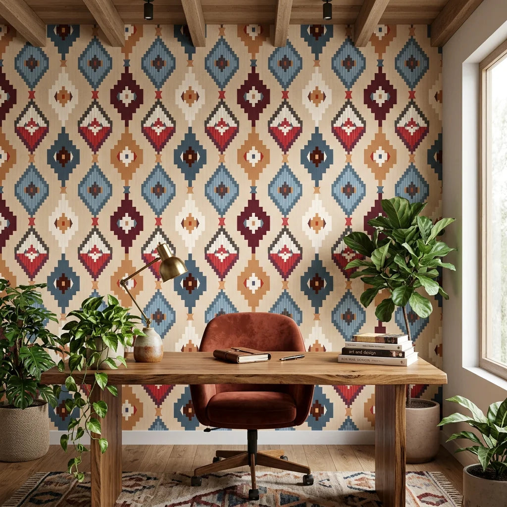 Chieftain Weave tribal texture wallpaper as a feature wall in a bright home office