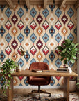 Chieftain Weave tribal texture wallpaper as a feature wall in a bright home office