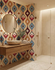 Chieftain Weave tribal texture wallpaper creating ambiance in a serene bathroom