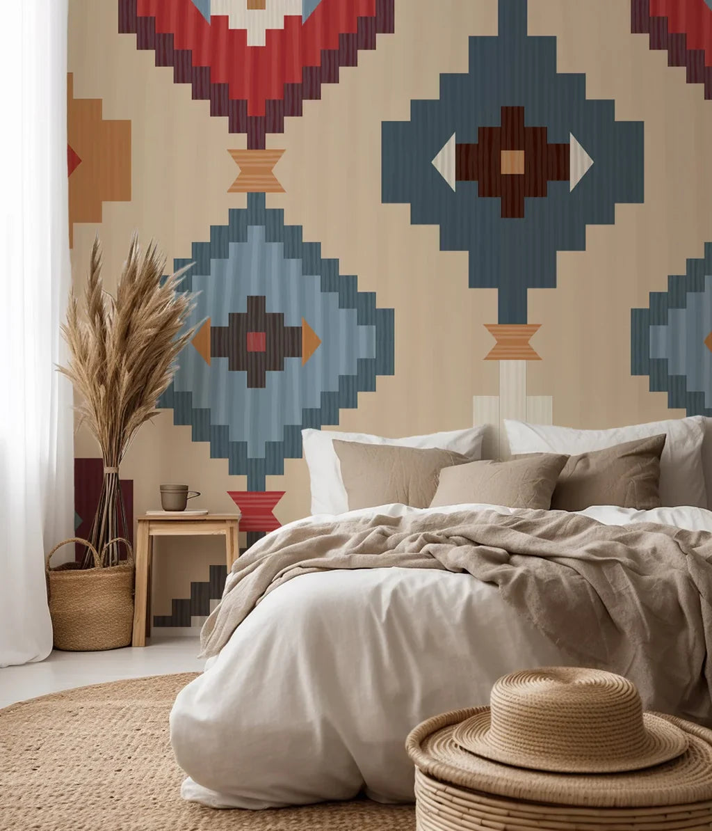 For a grounded home interior, an upscale, fibrous design displaying a tribal-style pattern in achromatic colors