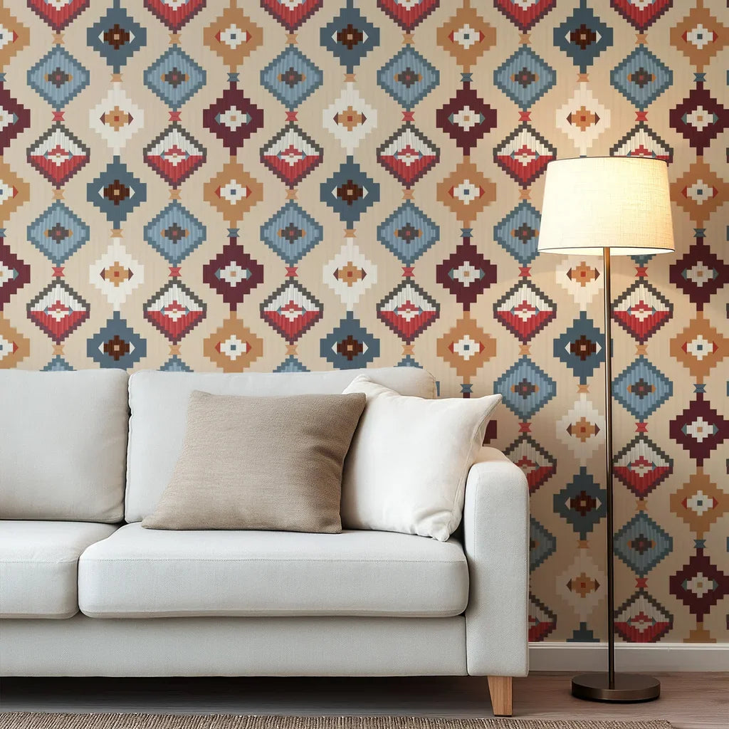 Refined, indigenous-style pattern, woven in a subdued color palette to create a sense of calm and balance