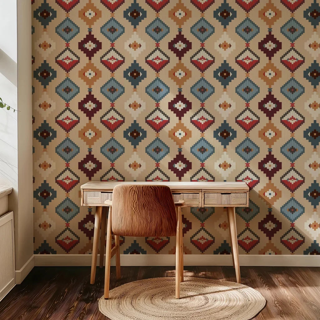 An elegant woven pattern with ethnic influences, rendered in various neutral shades.