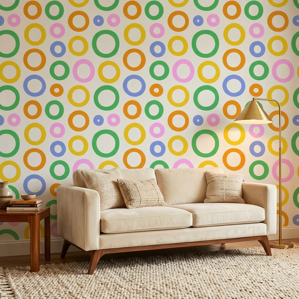 Chromatic Echoes retro colorful geometric wallpaper in a warm and inviting living room