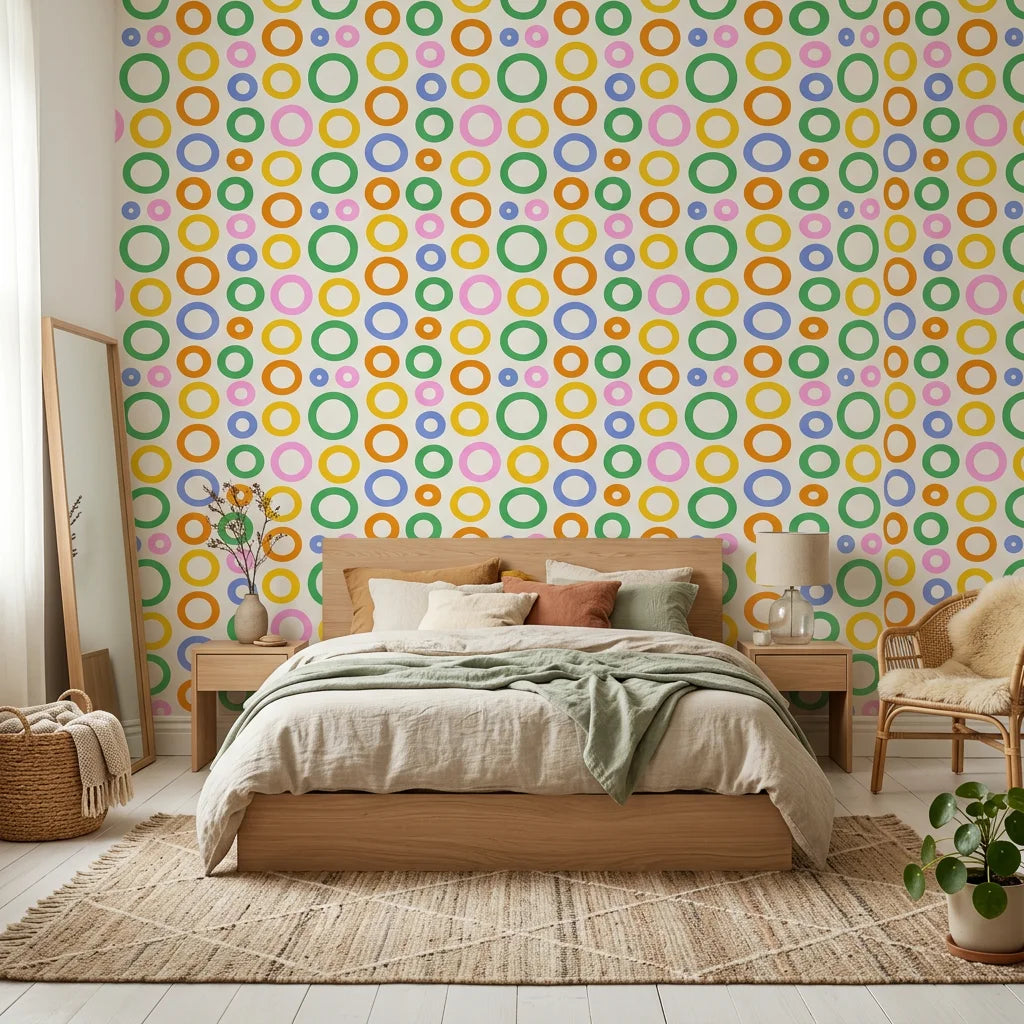 Chromatic Echoes retro colorful geometric wallpaper adding character to a cozy bedroom