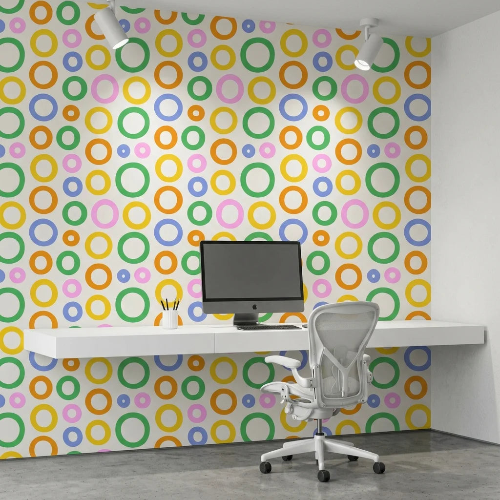 Chromatic Echoes retro colorful geometric wallpaper as a feature wall in a bright home office
