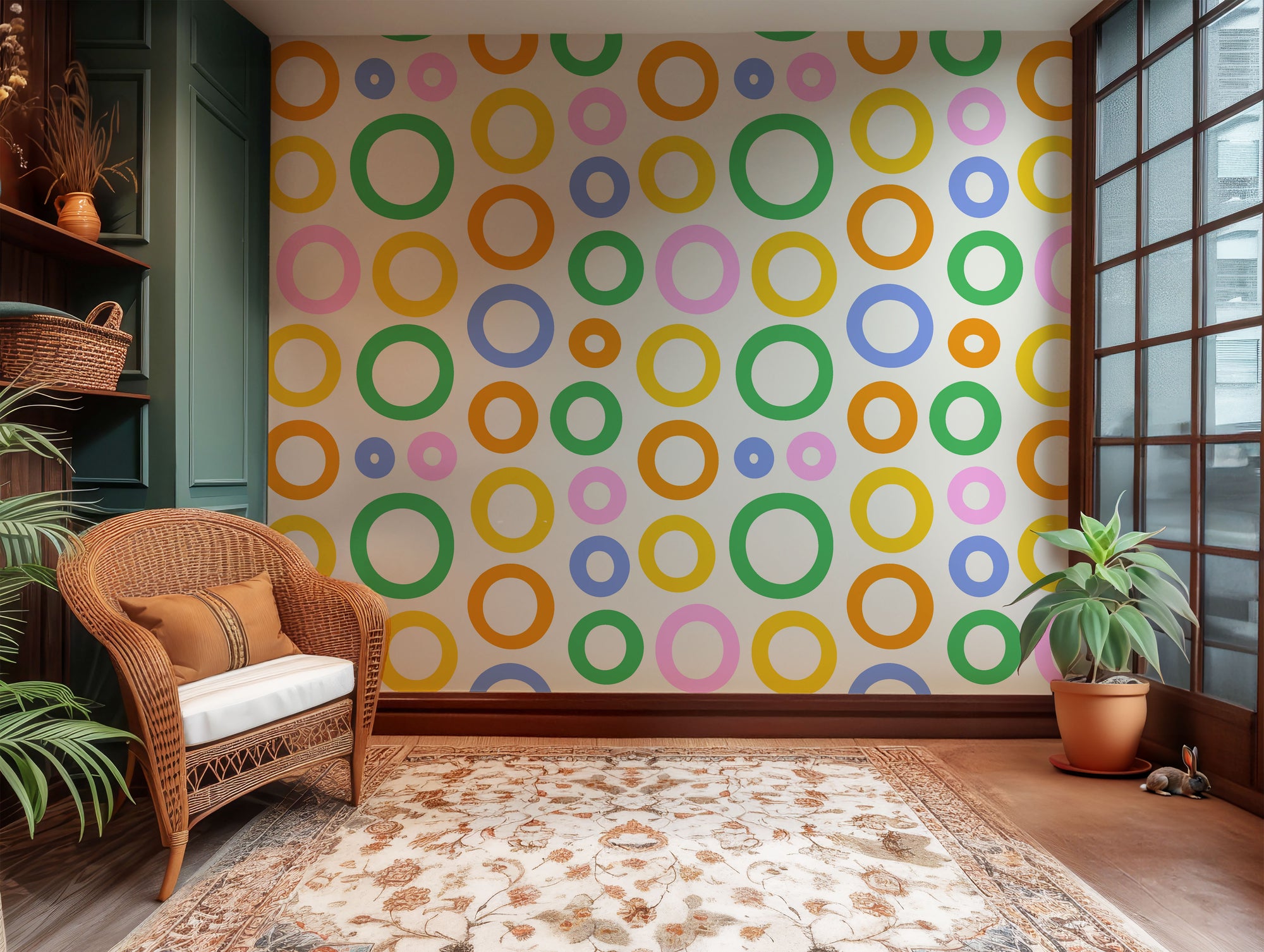 Multi-hued, chromatic wallpaper featuring an echoing, layered design