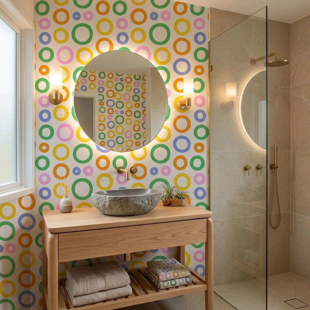 Chromatic Echoes retro colorful geometric wallpaper creating ambiance in a serene bathroom