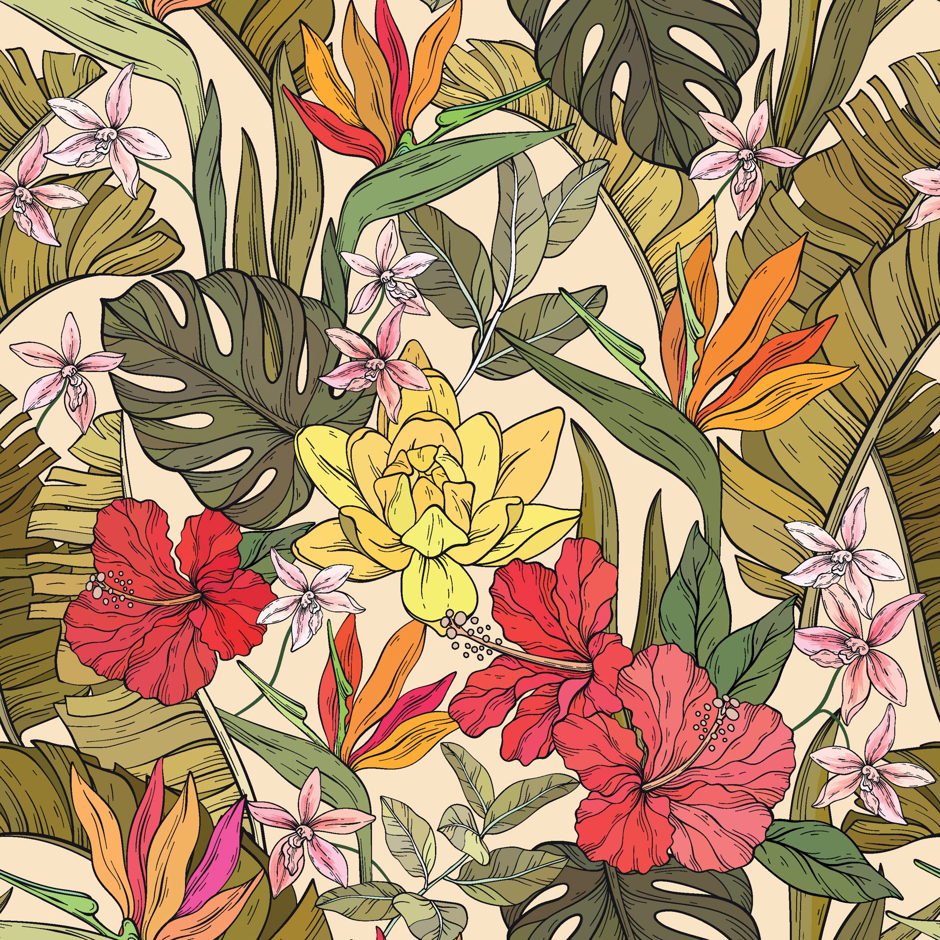 Colorful, vivid tropical plants and flowers forming a cohesive and bold paradise design.