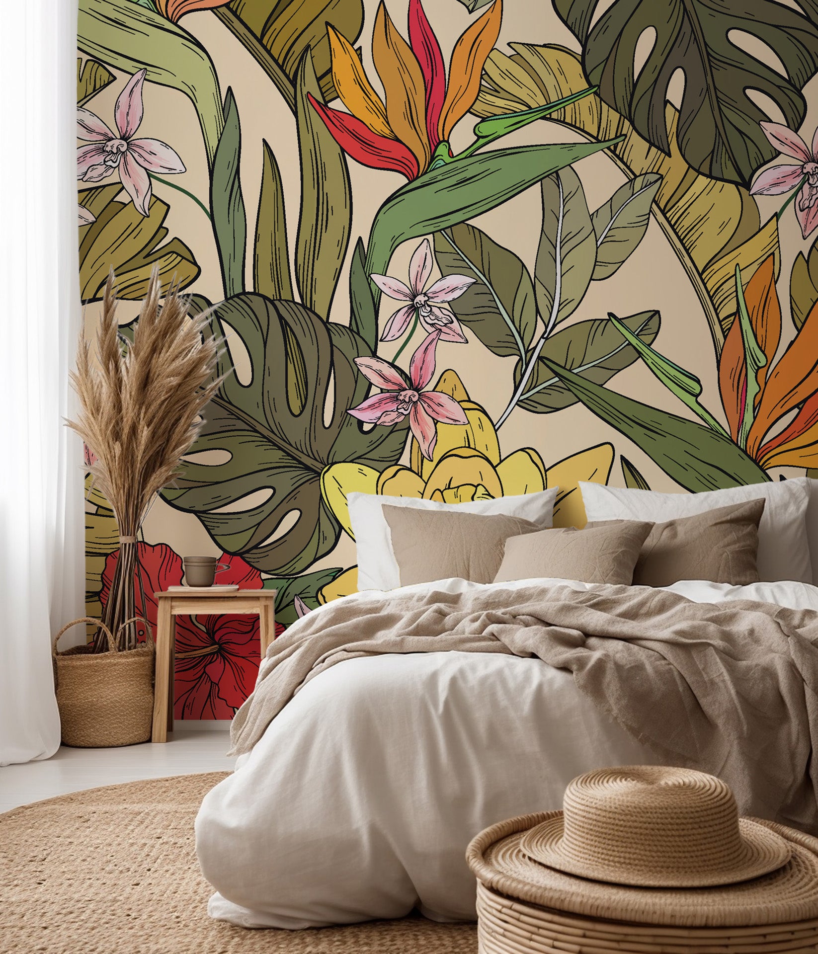 A striking jungle motif made up of richly hued, variegated exotic flora and foliage.