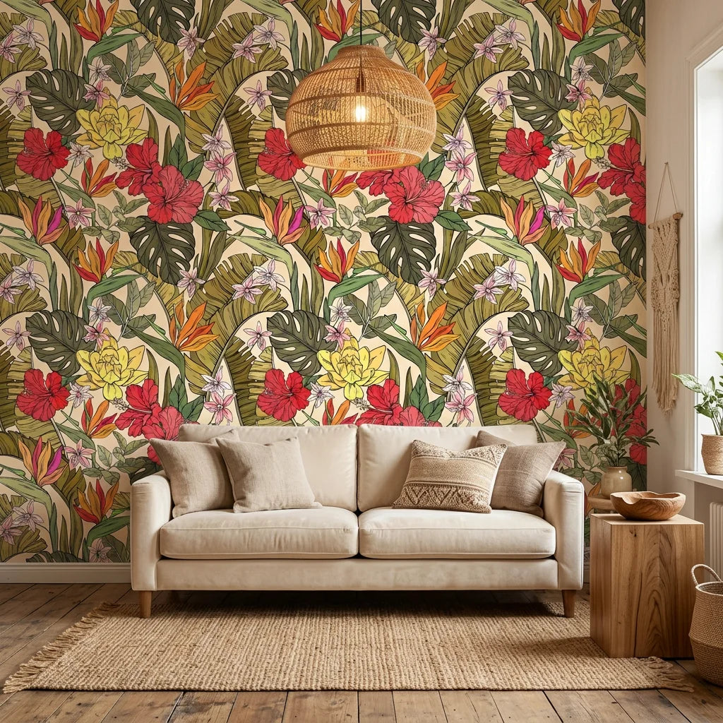 Chromatic Eden colorful paradise wallpaper in a warm and inviting living room