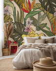 A striking jungle motif made up of richly hued, variegated exotic flora and foliage.