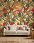 Chromatic Eden colorful paradise wallpaper in a warm and inviting living room